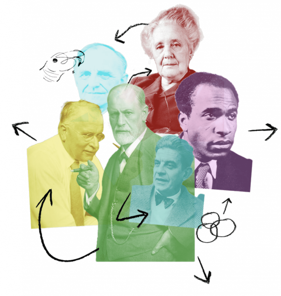 A colourful collage of key psychoanalytic figures including Donald Winnicott, Melanie Klein, Carl Jung, Sigmund Freud, Frantz Fanon and Jacques Lacan